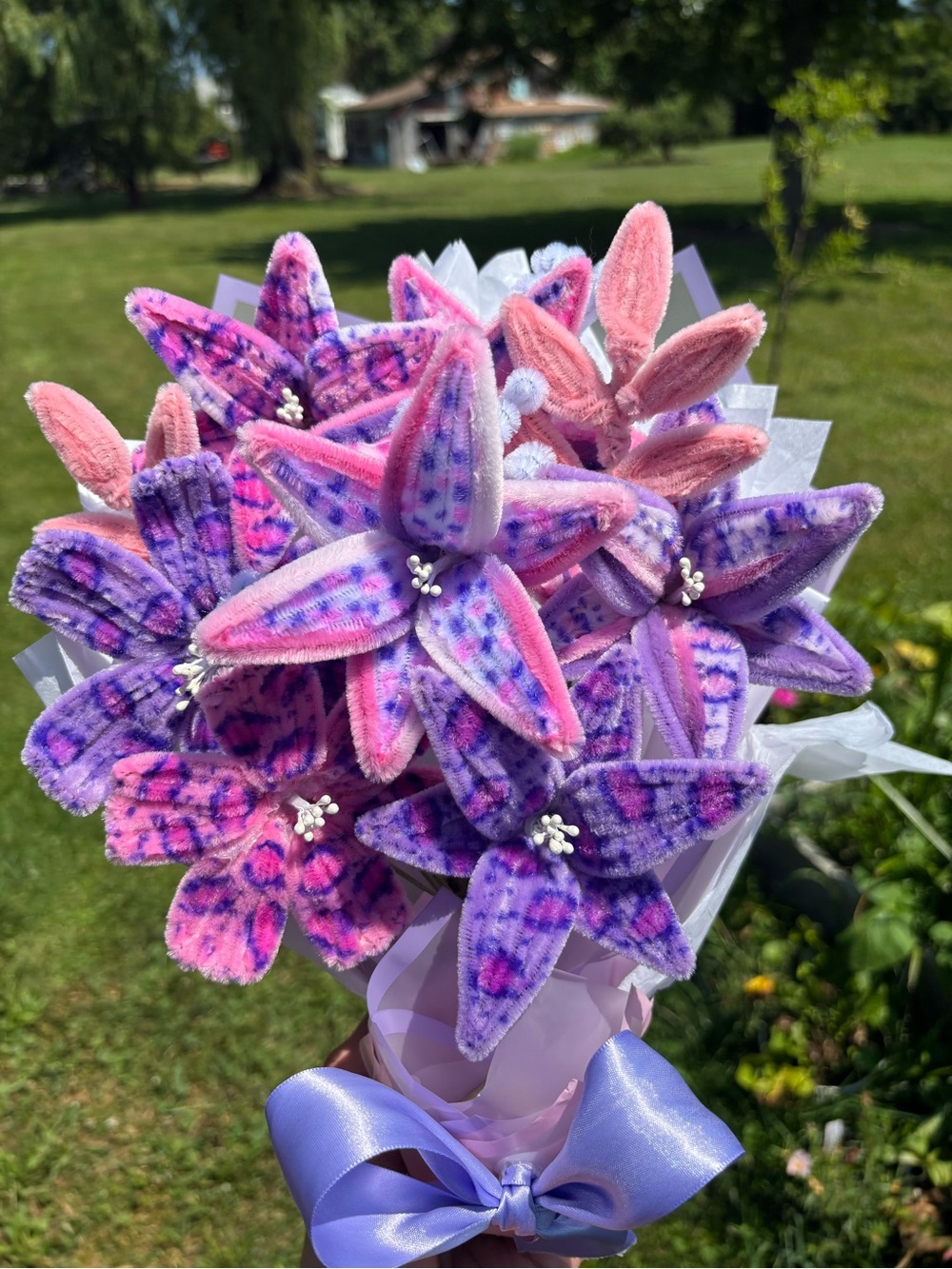 Handmade Pink and Purple Wrapped Floral Bouquet - Picture 2 of 3